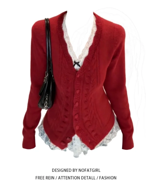 

plus Size Red V-Neck Knitted Open Cardigan Women's Autumn Winter New Year Atmosphere Sweater Jacket Comfortable Breathable Lo...