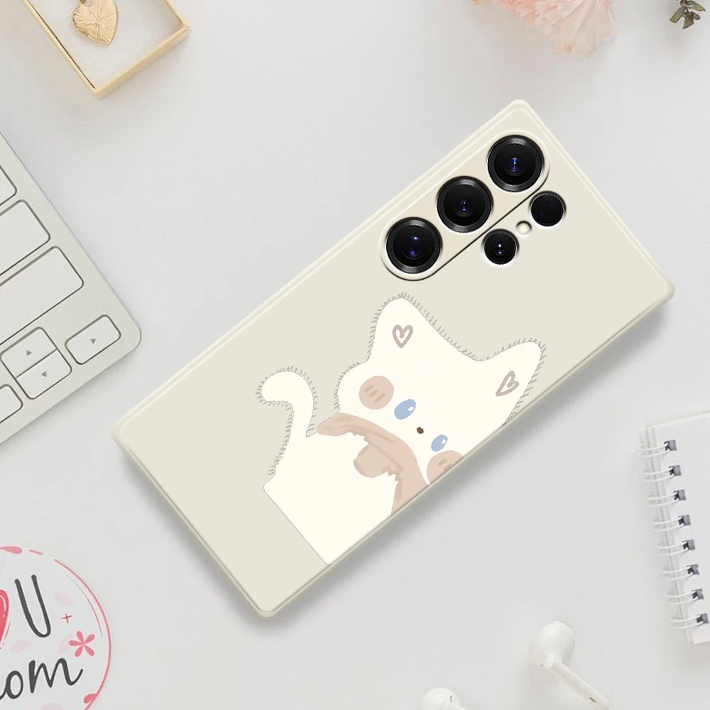 Cute White Cat Phone Case For Samsung Galaxy S25 S24 S23 S22 S21 S20 Ultra Plus S10 S20 FE S21FE S23FE S24 FE 5G TPU Cover Coque