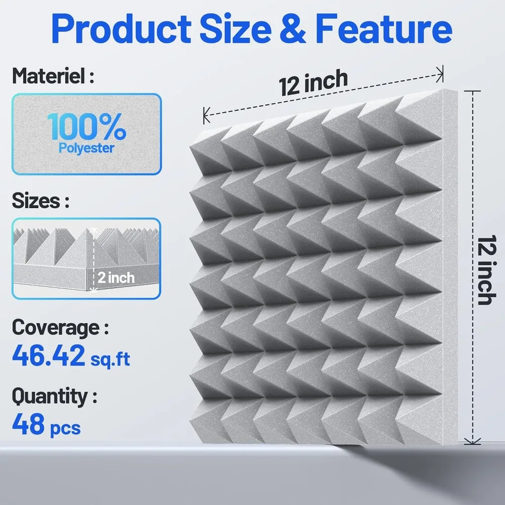 48-pack geluidsdichte schuimplaten voor muren, 2"x12"x12" akoestische panelen met hoge dichtheid voor geluidsreductie in studio's - grijs