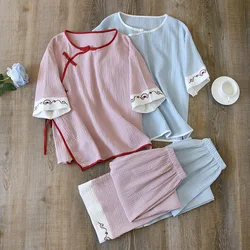 Neue Frühling und Sommer 100 % Baumwolle Damen-Pyjamas im chinesischen Stil, zweiteiliges Set, Dreiviertel-Ärmel-Tops, Heimservice-Anzüge