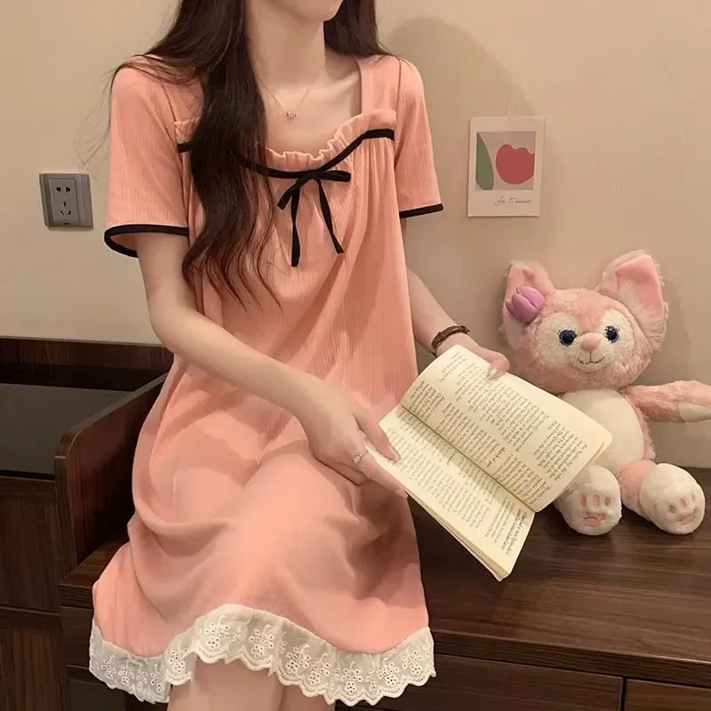 

Женская ночная сорочка с круглым вырезом на все сезоны: весна/лето, повседневная, милая, в стиле Ins, длинная, летняя пижама