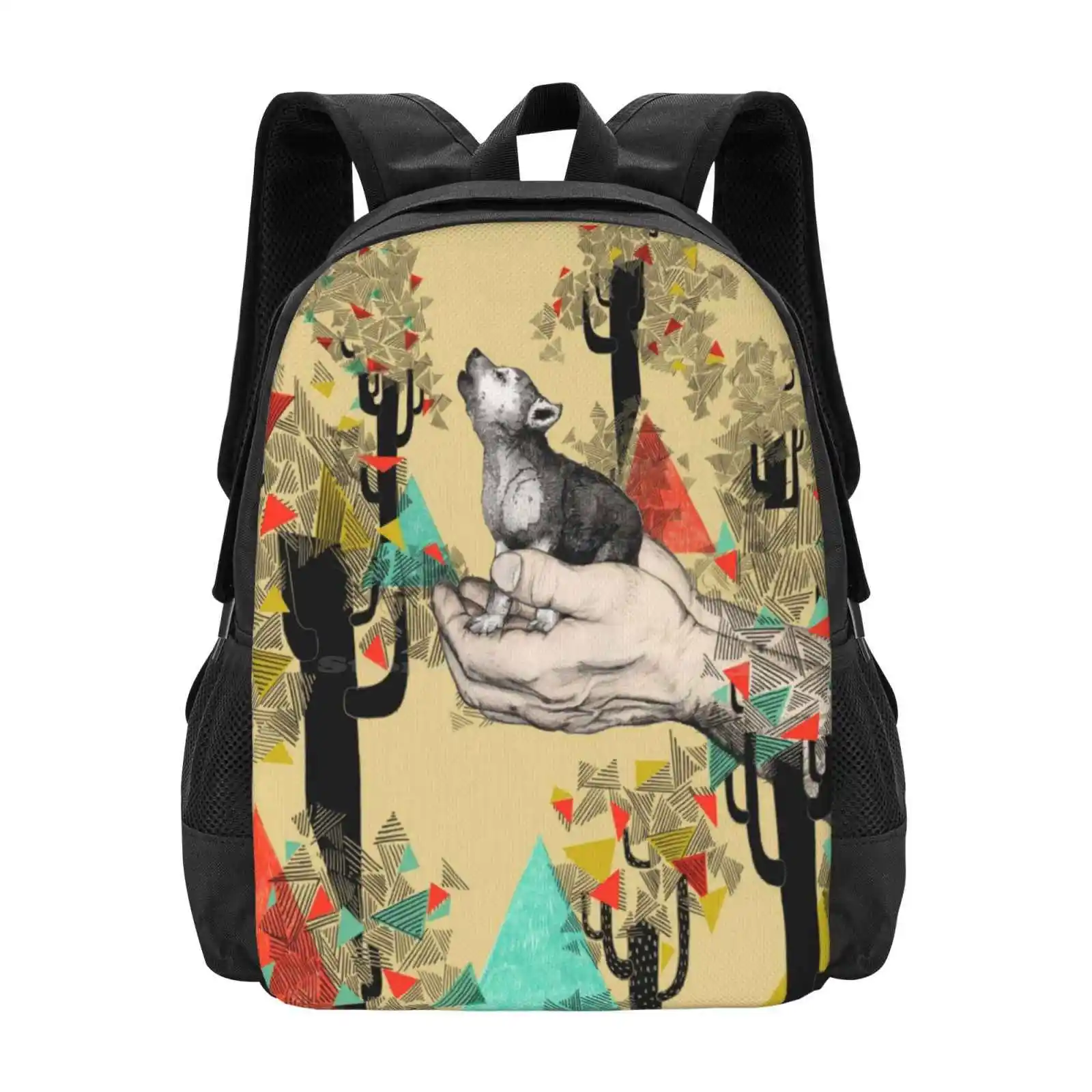 Found You There Pattern Design Bag Student'S Backpack Wolf Cub Dog Howl Yellow Mustard Triangle Trees Sandra Dieckmann