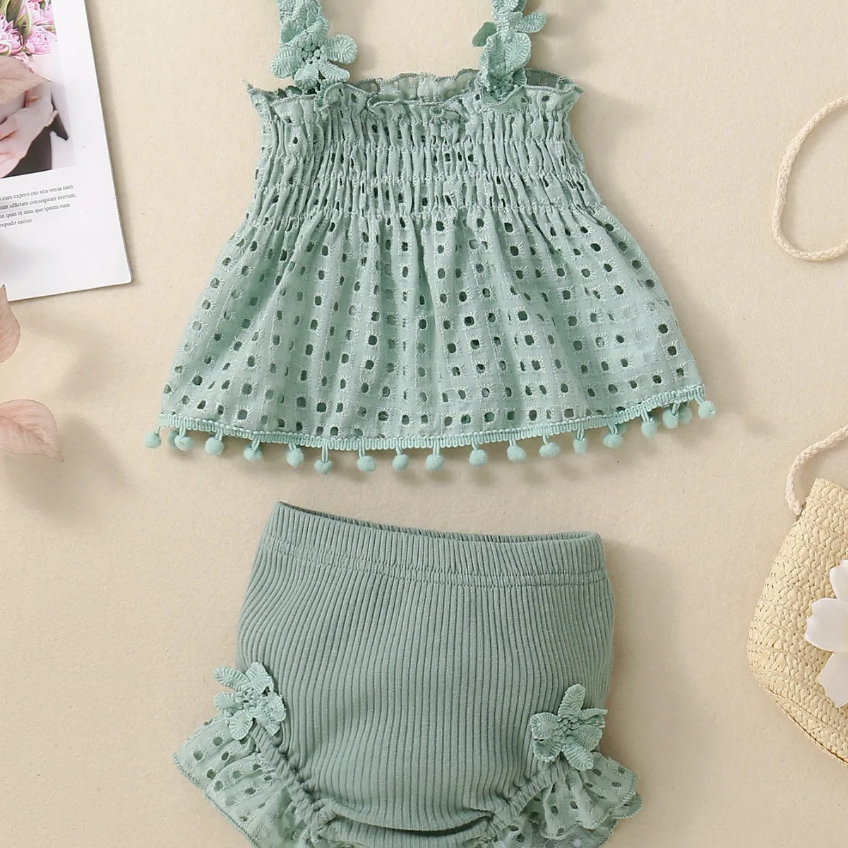 Summer Refreshing Baby Girls  Cotton Halter Lace and Shorts Set Crawling Clothes