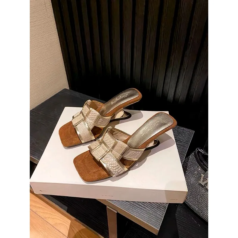 Summer new style wedge heel woven square toe temperament single shoe brown straight drag high-heeled cool slippers