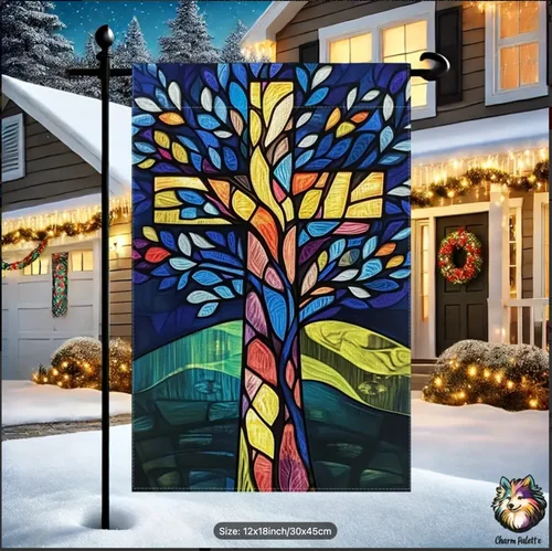 Linen Stained Glass Look Cross Garden Flag, 12x18 inches, Great Gift RRI