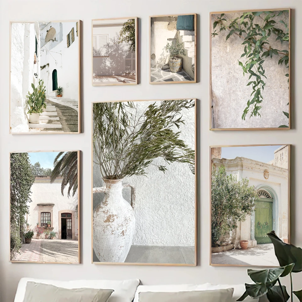 Scandinavian Simple Bohemian Wall Art Spanish Architecture Green Leaves Reeds HD Diamond Painting Poster Print Home Decor Gift