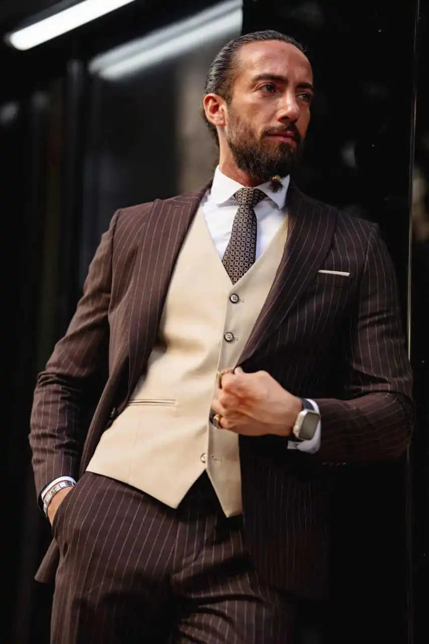 Designer Burgundy Brown Striped Men Suit Vest Set Business Wedding Formal Blazer Custom Made M264115