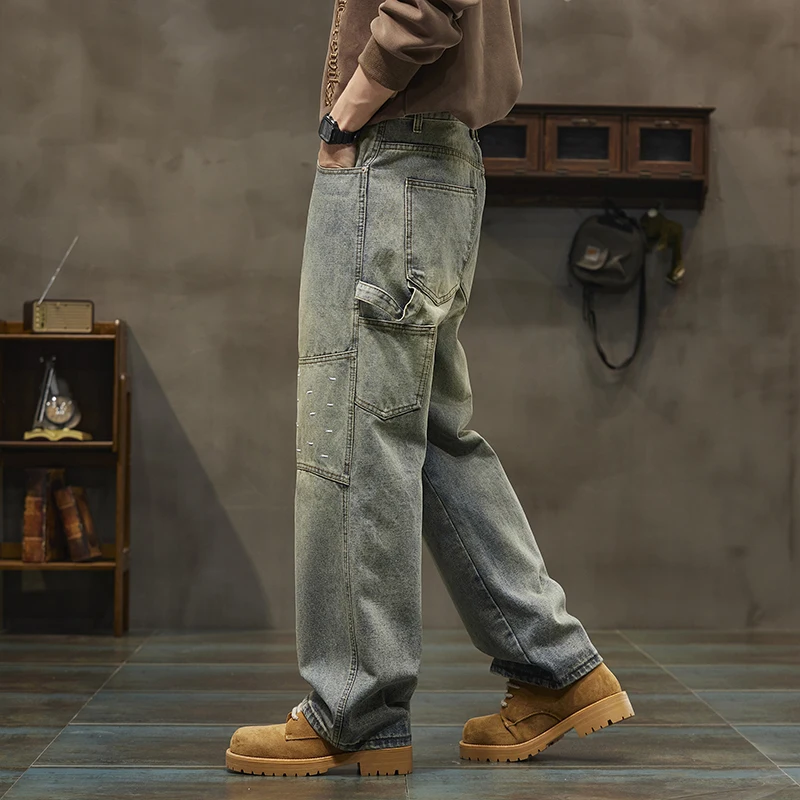 Autumn and winter new styles High-end American nostalgic blue jeans for men Wide-leg loose straight-leg men's jeans