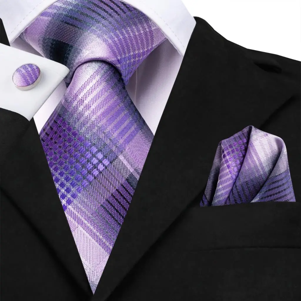 

Purple Grey Plaid Silk Wedding Tie For Men Gift Mens Necktie Handky Cufflink Set Fashion Business Party Dropship Hi-Tie Designer