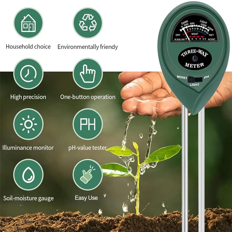 3-in-1 Pflanzenfeuchtigkeitsmessgerät, PH-/Lichtmessgerät Bodentestkit für Innenräume, Bodenfeuchtigkeitsmessgerät für Zimmerpflanzen, Garten, Rasen, Bauernhof