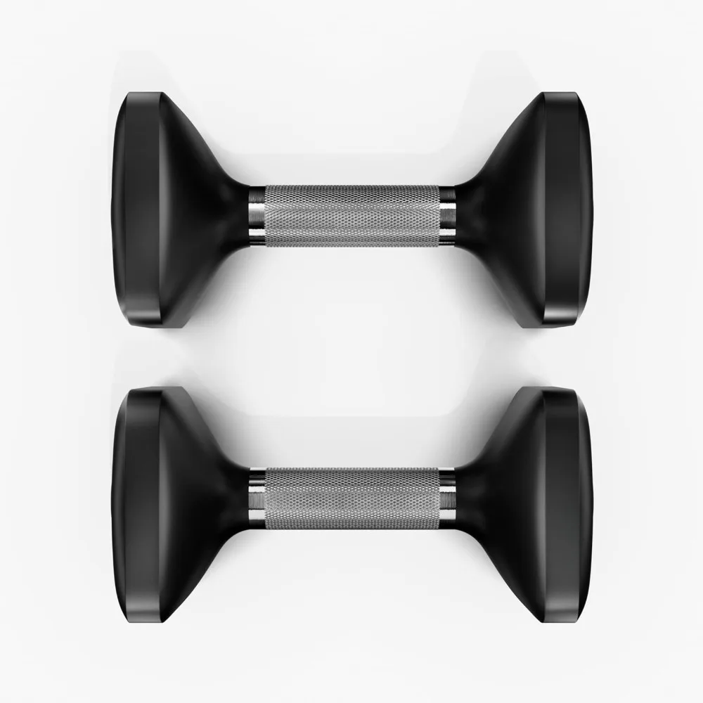 Dumbbells, a pair of cast iron weights designed ergonomically with polyurethane coating and anti slip grip, weighing 20 pounds