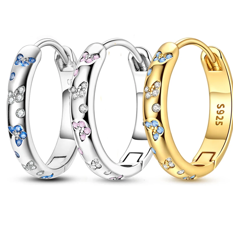 Original 925 Sterling Silver Pink Blue Butterfly Zircon Circle Hoop Earrings For Women Fashion Simple Jewelry Gift