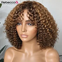 Perruques de cheveux humains Bob bouclés courts avec frange pour femmes, entièrement fabriquées à la machine, surbrillance, couleur blonde miel, cheveux Remy bon marché