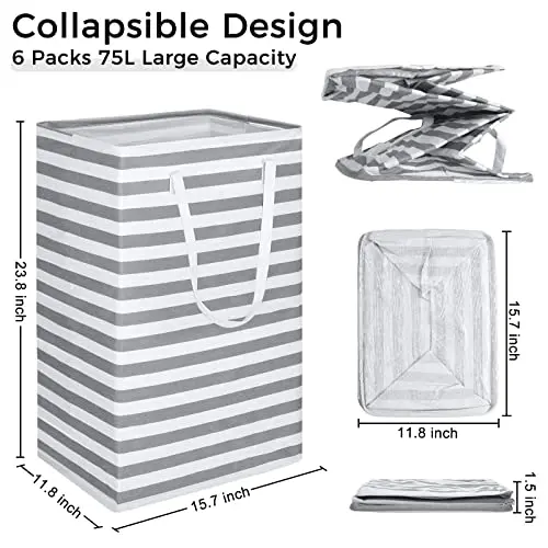 

6-Pack 75L Gray-White Striped Collapsible Laundry Hamper – Tall Freestanding, Water-Resistant, Dual Handles For Home Or Dorm Use