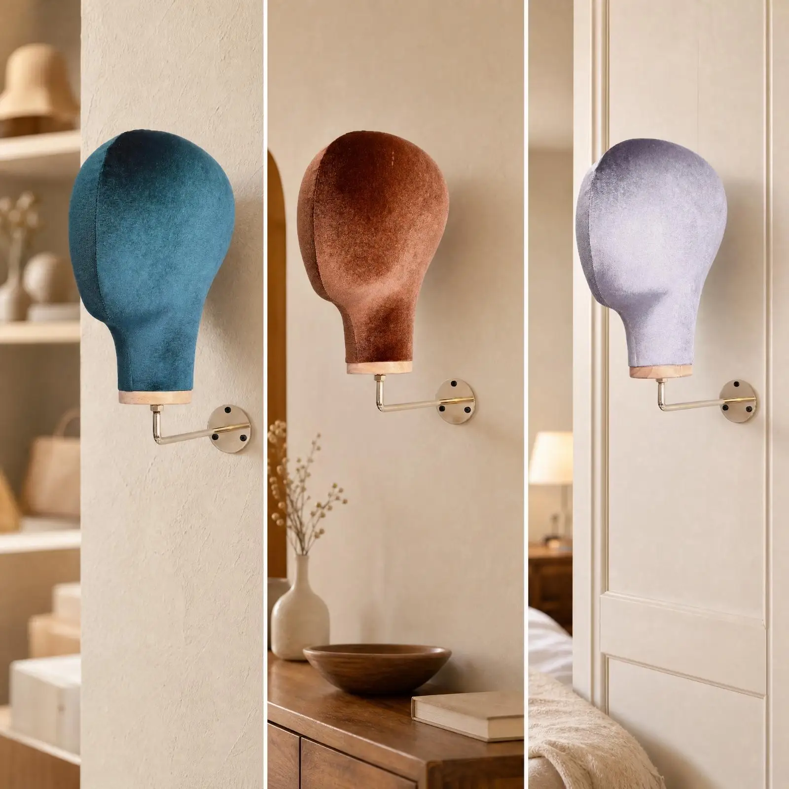 Velvet Wig Display Stand Wall Mount Head Mannequin for Hat Holder Female Dress Form with Wood Base Storage