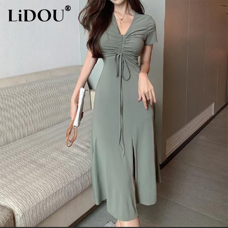 2022 Summer Sexy Solid Color Folds Drawstring Bandage Slit Midi Dress Waist Elegant Party Holiday Dresses Casual Robe Vestidos