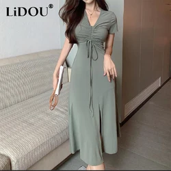 2022 Summer Sexy Solid Color Folds Drawstring Bandage Slit Midi Dress Waist Elegant Party Holiday Dresses Casual Robe Vestidos