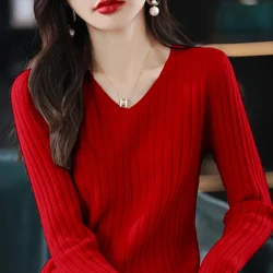 Casual Short Pullovers Lady Sweater V-neck Slim Solid Womens Jumper 2023 Autumn Winter Female Long Sleeve Knitted Top Pull