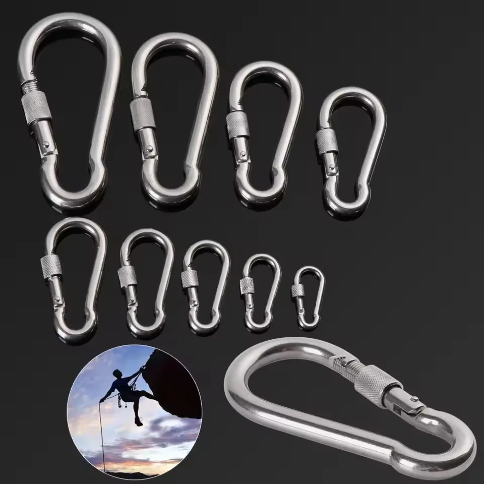 4/5/6/7CM 304 Silver Stainless Steel Lock Ring Safety Snap Hook Carabiner Spring Snap Quick Link Outdoor Climbing Gear Equipment