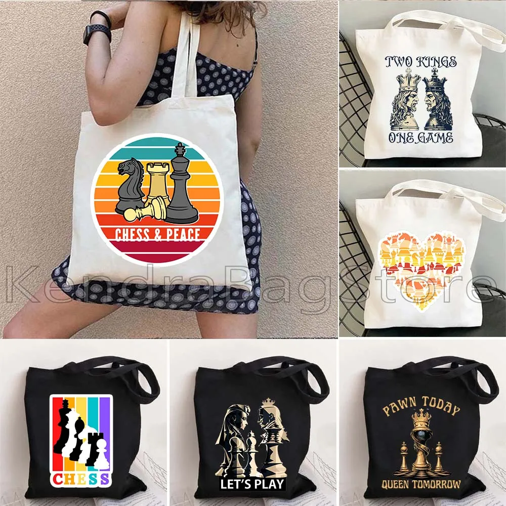 Retro Chess Game Pieces Queen King Chess Piece Art Black and White Player Gifts Canvas Tote Bag Shopper Shopping Bags Handbag