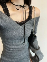 Vintage Knitwear Pullovers Women Korean Jumper Sueter Mujer Tunic Off Shoulder Knitted Sweater Pull Femme Fall Winter Clothing