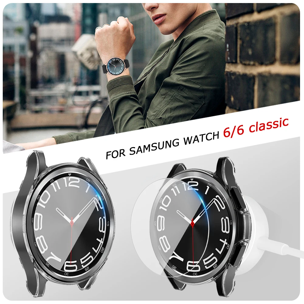 Glass+Case for Samsung Galaxy Watch 6 Classic 43mm 47mm Waterproof Hollow Bumper+Screen Protector Galaxy Watch 6 40mm 44mm Cover