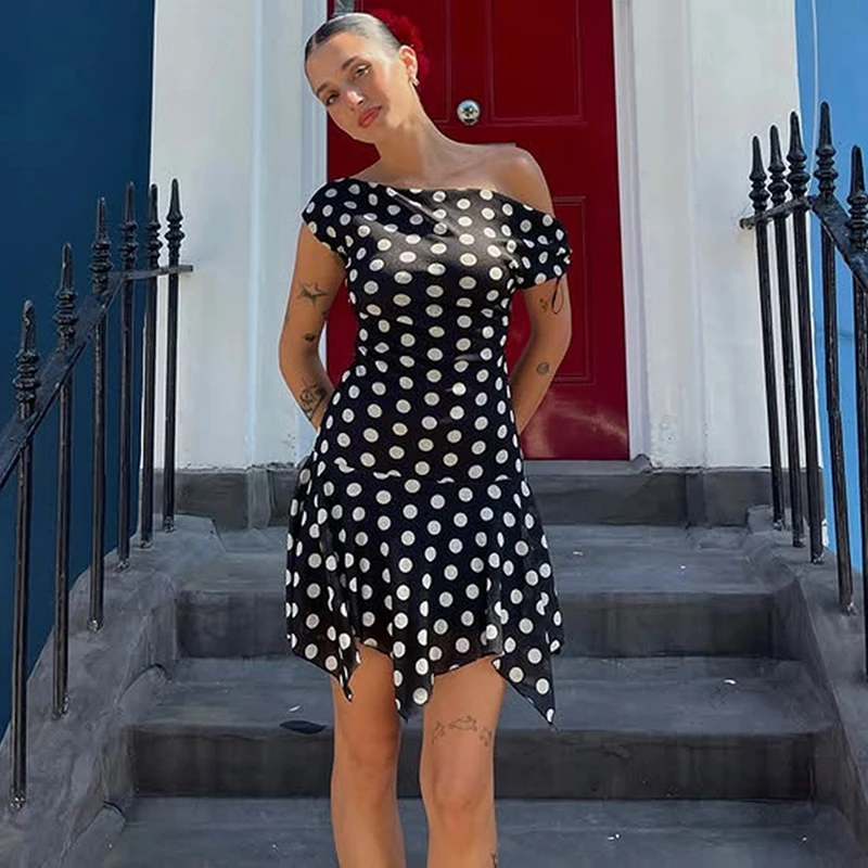 

Tornova Fashion Print Mini Dress Female Slanted Shoulders Polka Dots Dress Backless Sexy Lace Up Dress Slim High Waist Women's