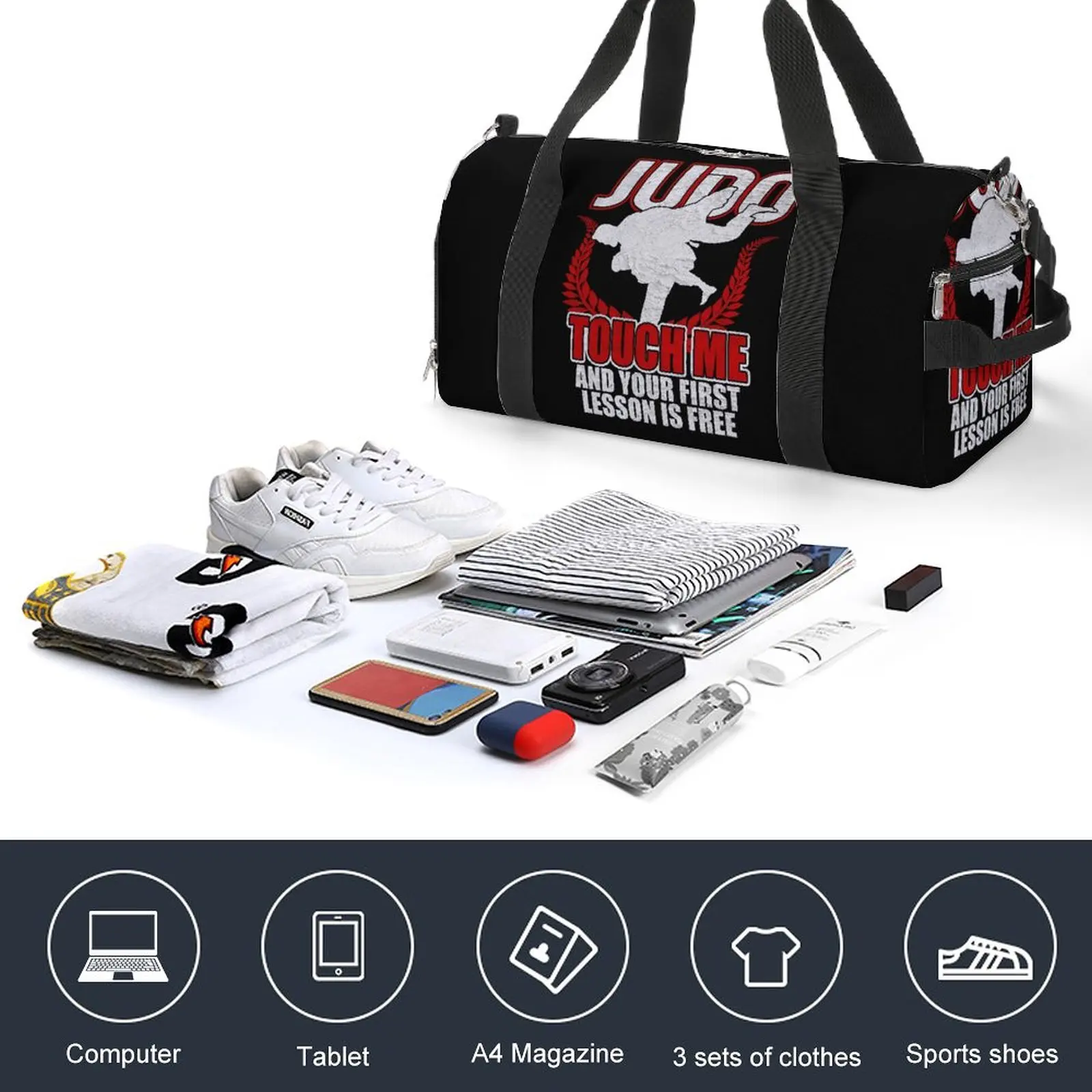 Judo Gym Bag Your First Lesson Is Free Travel Training Sports Bags Men Print Gym Accessories Retro Fitness Bag Portable Handbags