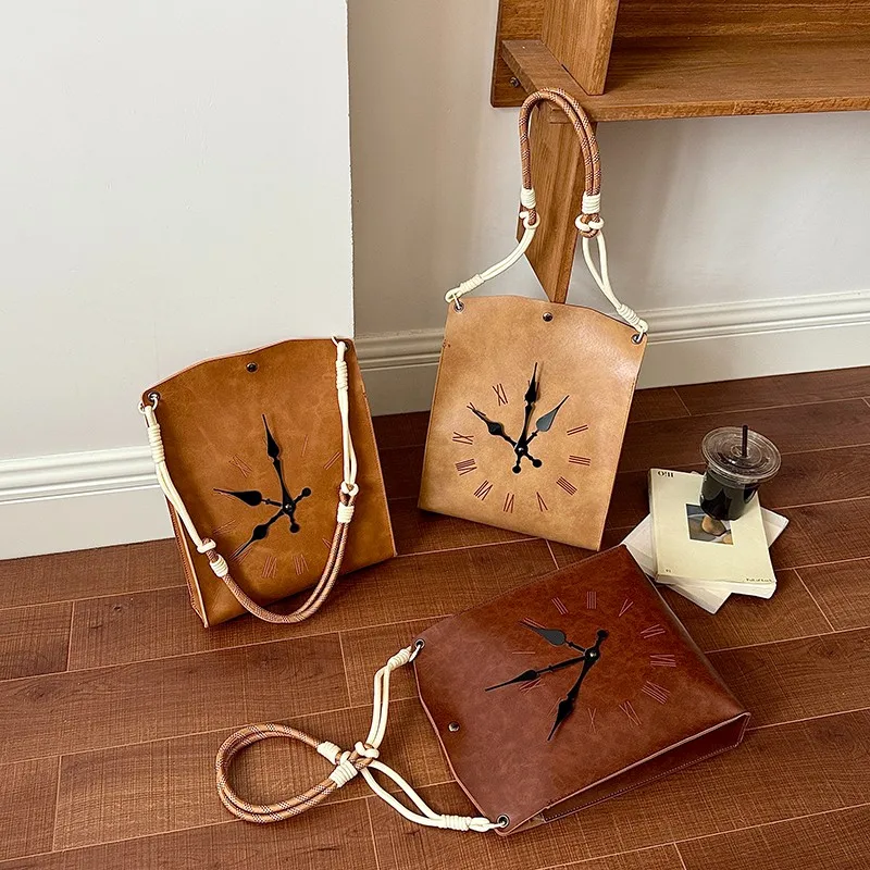 Numeral Pattern Casual PU Leather Tote Bags Retro Light‑weight Daily Shopping Handbags Roman Vintage Clock Print Shoulder Bags