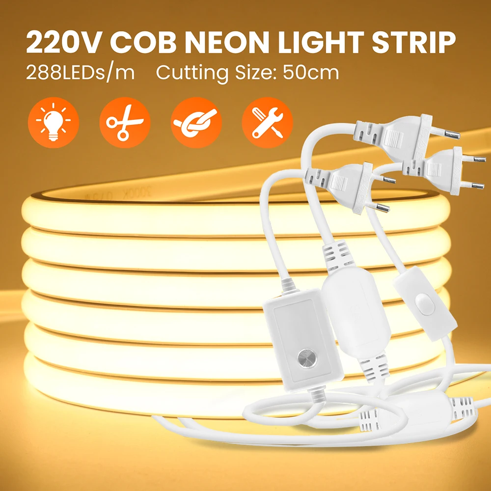 220V Dimmable COB LED Switch Neon Strip Light IP68 Waterproof EU Plug Kit Flex Lamp 288LED White Natural Warm Home Decor 0.5m 5m