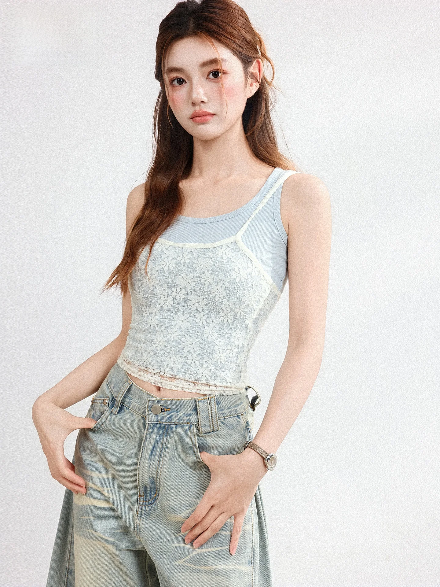 

Blue Lace Crop Top And High Waist Pants Women's Slim Fit Two Piece Set Summer Fashion Casual Style Korean Trending Outfit