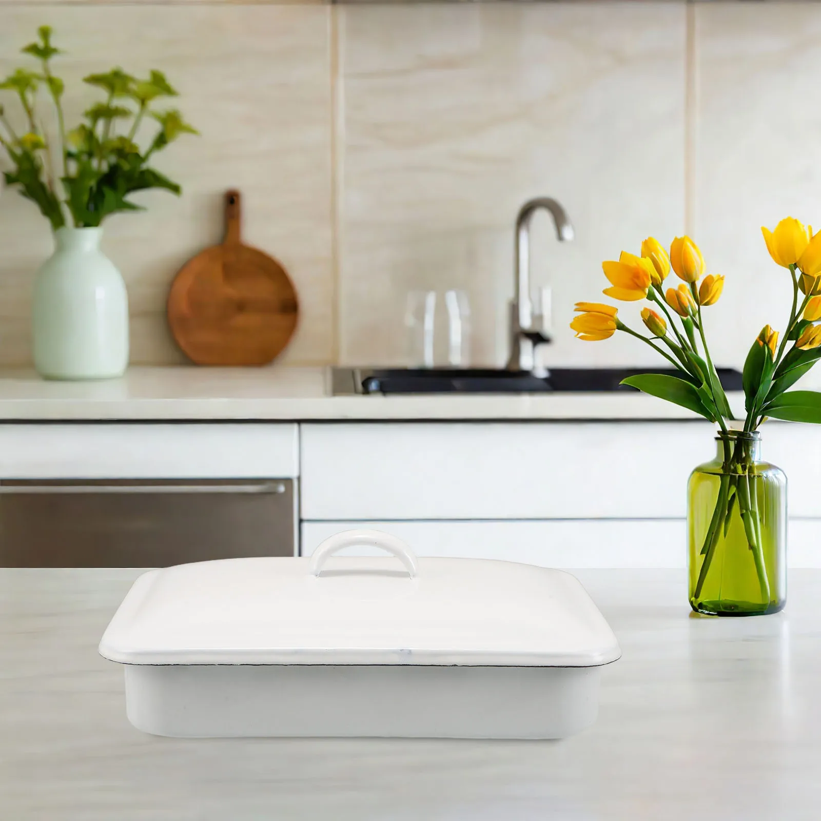 

Enamel Roasting Pan with Lid Non-Stick Rectangular Baking Dish for Meat Chicken Vegetables Oven Induction Cooker Dishwasher Safe