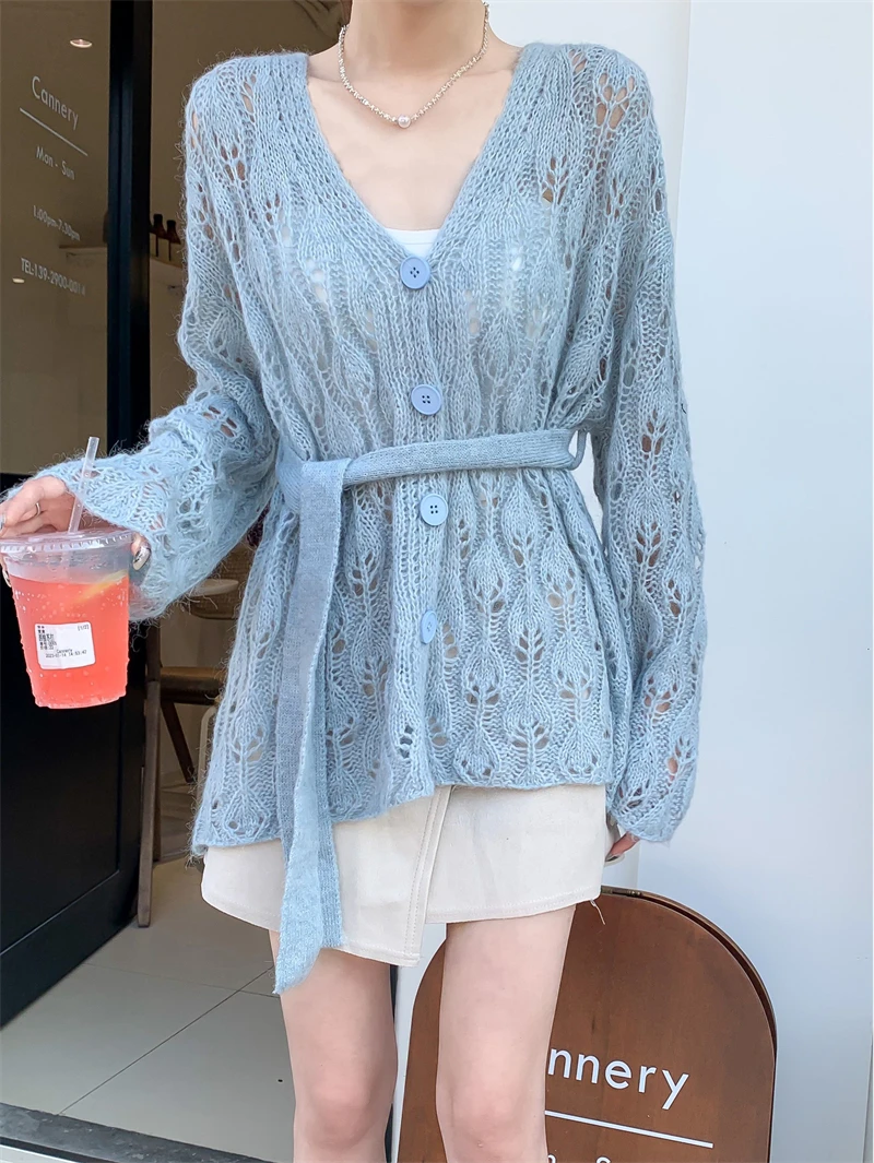 

Spring outfit lightweight hollow wool top women's waistband blue apricot thin band V-neck knitted cardigan sweater jacket