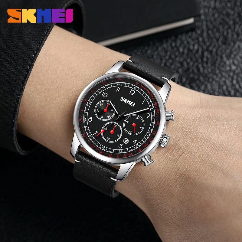 SKMEI Fashion Stopwatch Watch Mens Casual Genuine Leather Strap Quartz Wristwatches Waterproof Date Week Clcok Male reloj hombre