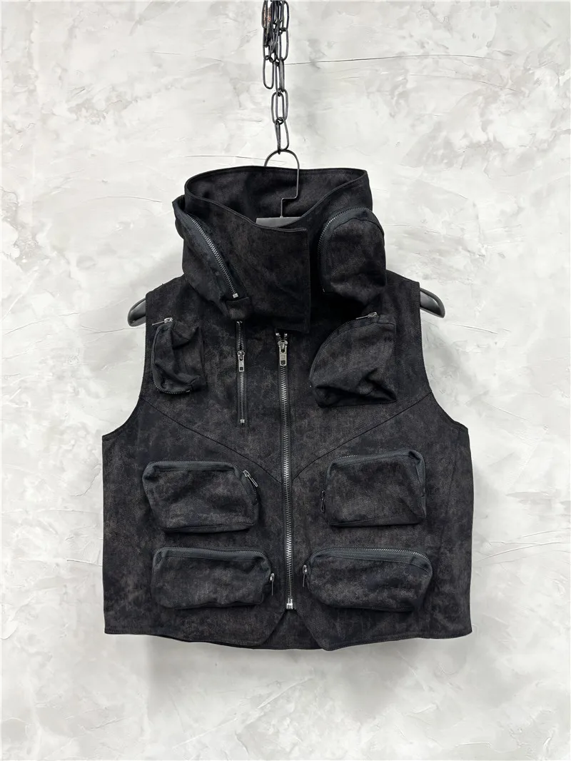 Heavy Retro Vest Mens Waste Soil Wash Water Splicing Three-dimensional Patch Bag Tactical Stand Collar Casual Shoulder Jacket