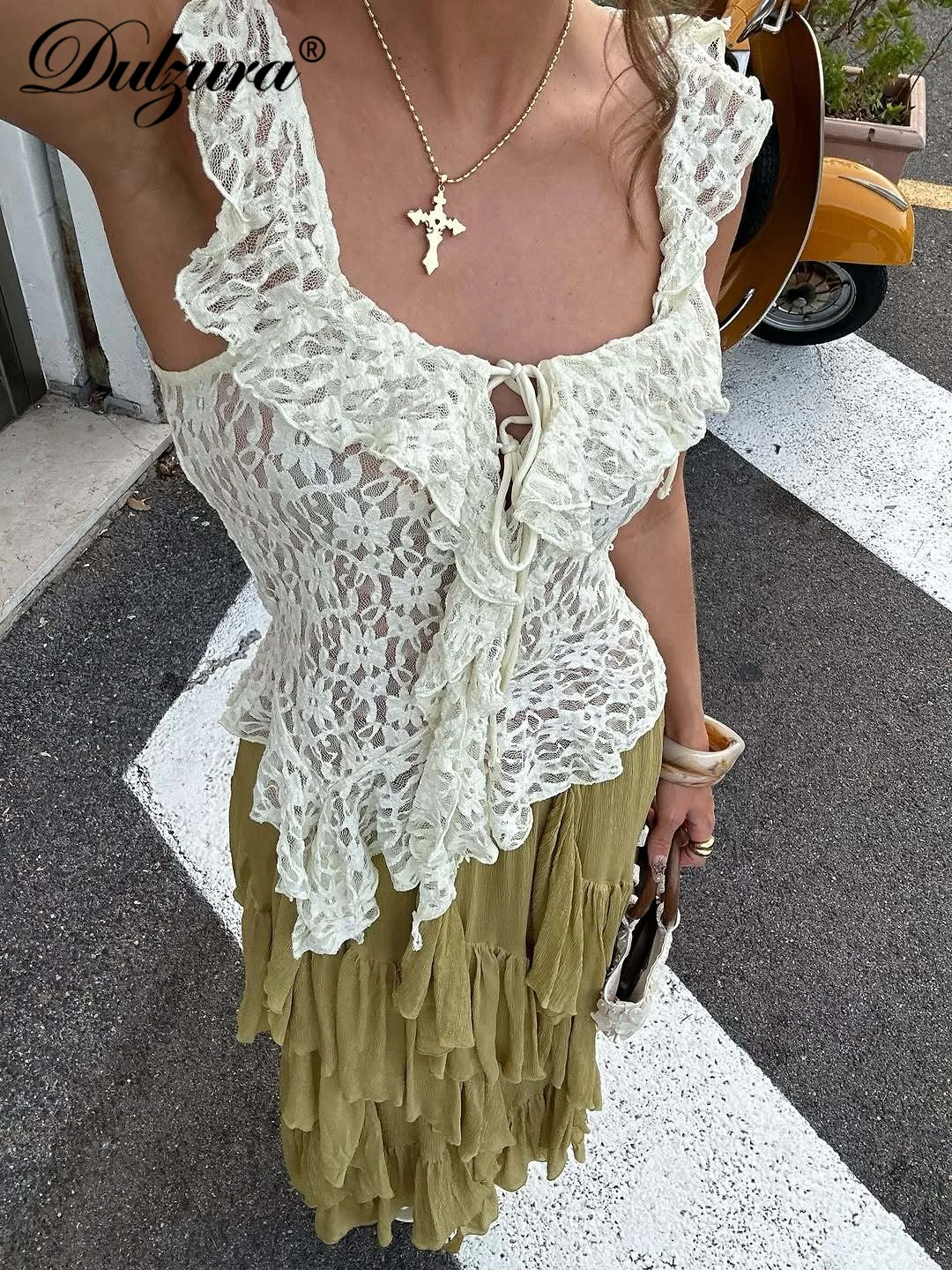 Dulzura 2025 moda de verano Sexy fuera del hombro espalda descubierta encaje transparente Top señoras Casual versátil Fiesta Club calle Y2K traje