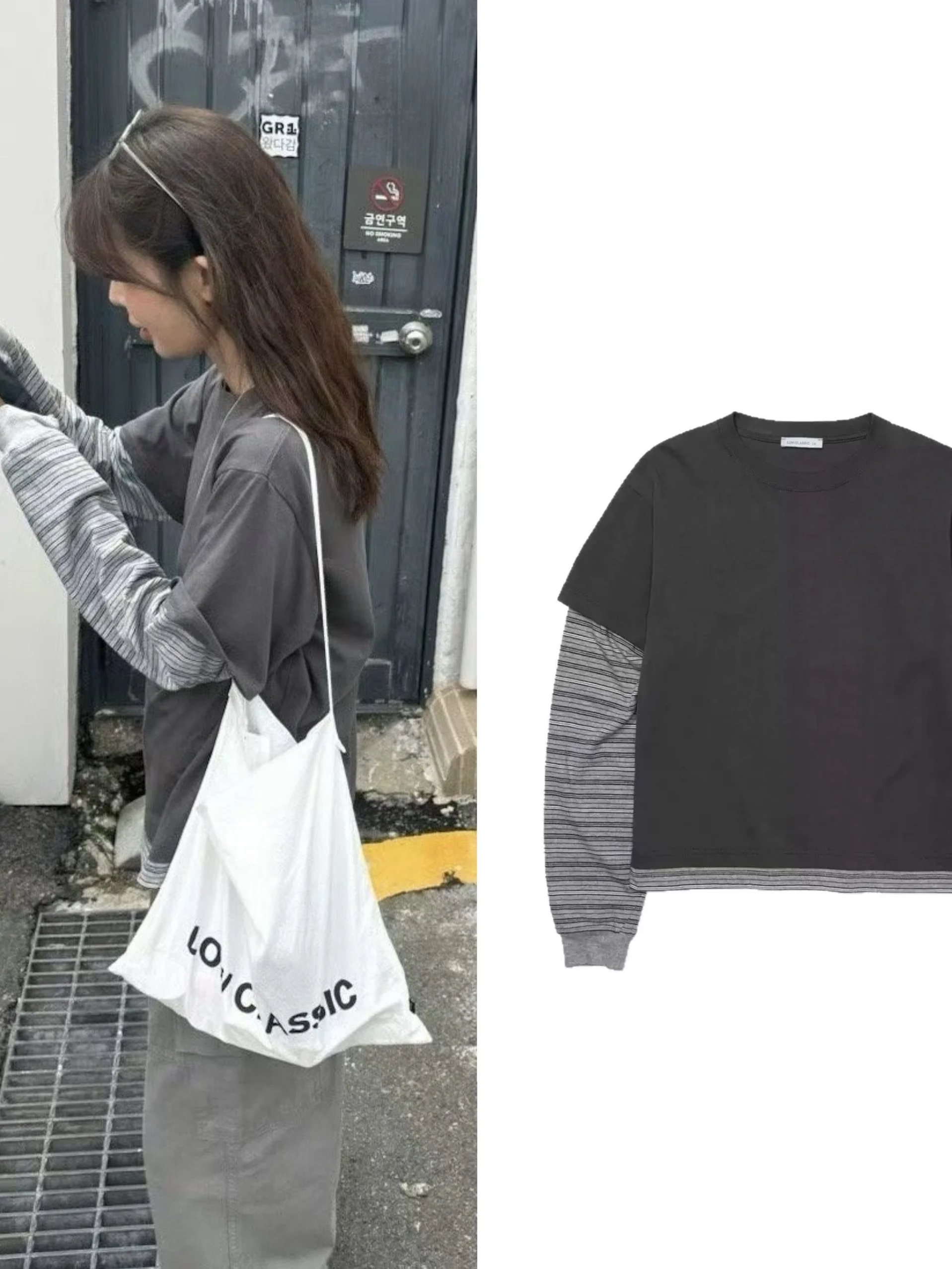 

Lowclass Stripe Fake Two-piece T-irt Korean Sle Loose round Ne Sweatirt Base irt Cotton Long Sve Autumn...