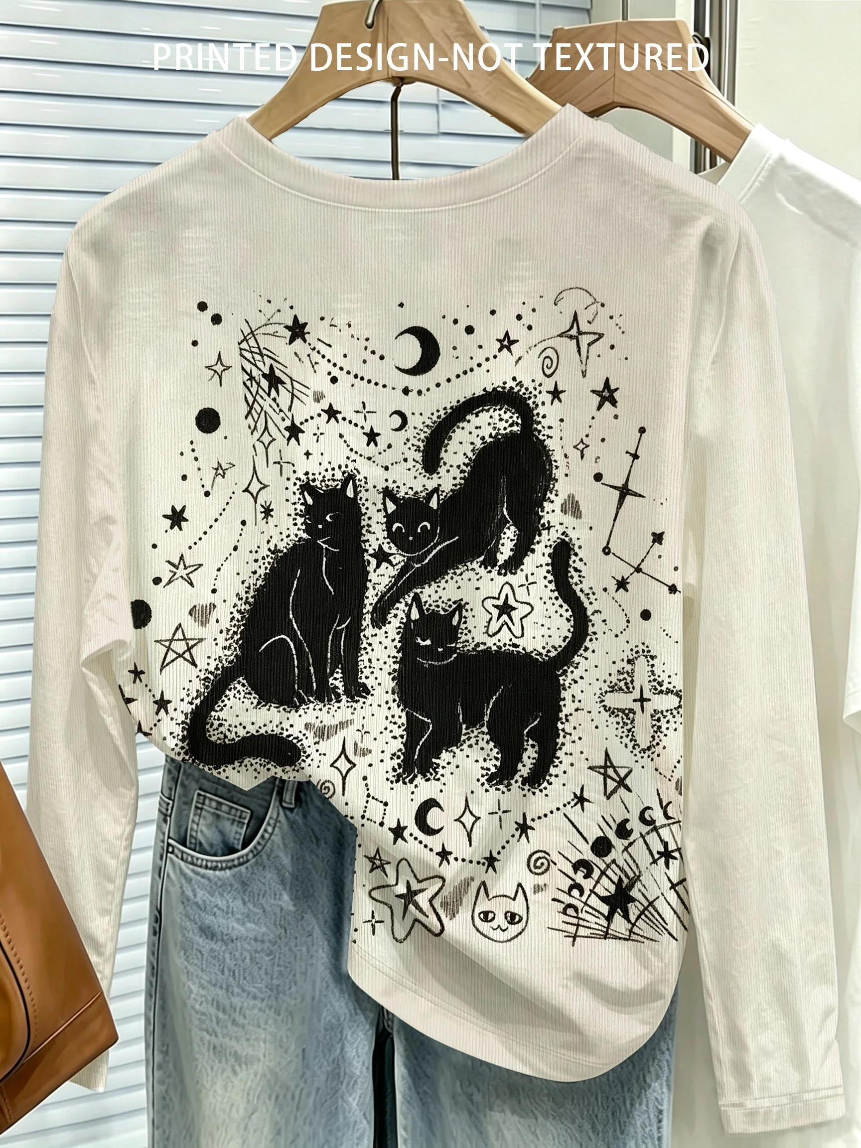 Women Long Sleeve T Shirt Mystic Black Cat Star Moon Print Soft Breathable Casual Holiday Autumn Fashion Women's Clothing