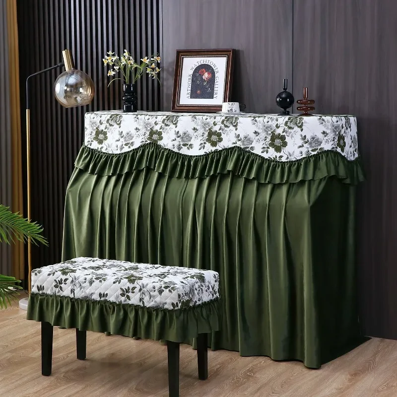 Thickened Piano Cover Classic Fabric Piano All Inclusive Dustproof Covers Solid Color with Lace Can Be Opened in The Middle