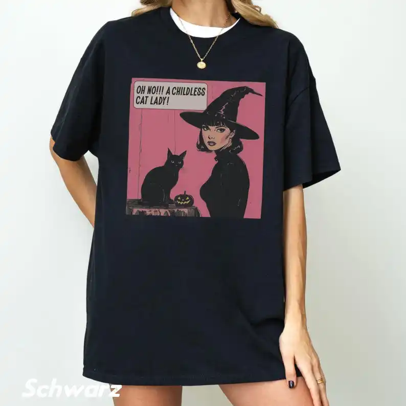 Childless Cat Lady T-Shirt, Retro Goth Grunge T Shirt, Autumn Alternative Spooky Shirt, Witchy Halloween Cat Owner T-Shirt