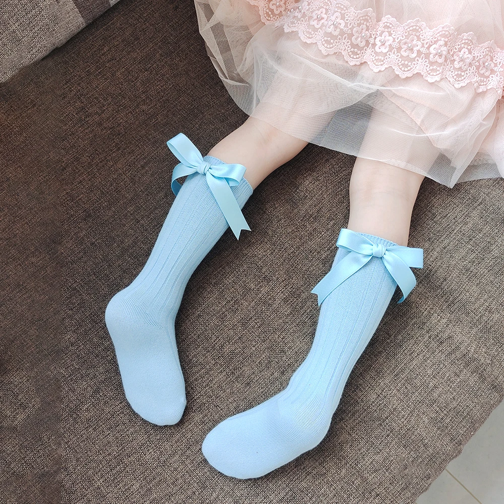 New Spanish Girls Knee High Long Socks With Handmade Bows Autumn Winter Toddlers Baby Ribbed Socks Solid Color Infant Stockings