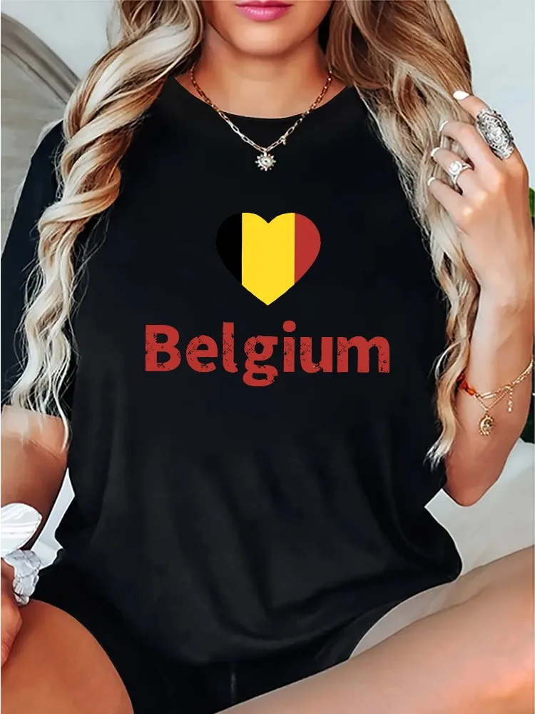 Belgium Heart Flag Print Womens Fashion T-Shirt Round Neck Short Sleeve Minimalist Casual Sports T-Shirt Comfortable Holiday Top