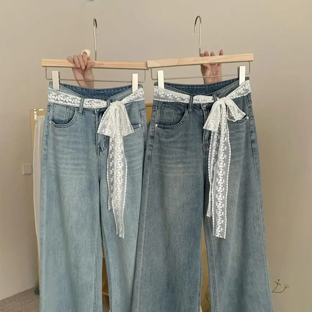 Ins Y2k حزام خصر طويل من الدانتيل مزين بالزهور وحزام خصر من الدانتيل وربطة فستان رفيع وحزام جينز صيفي