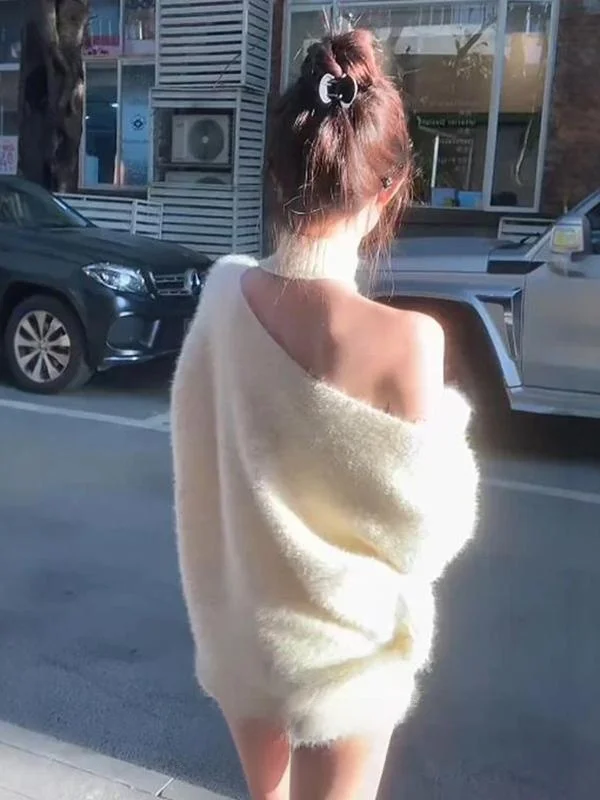 

Korean Style Shoulder Bared Sweater Women's Spring New Design Sash Slimming Mink Velvet White Top Knitted Long Sleeve round Neck