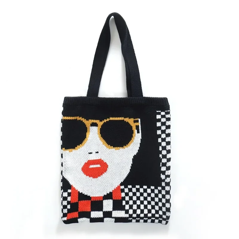 Female Crochet Knitted Woolen Fashion Lady Tote Bag 2025 Women Winter Checkerboard Plaid Black and White Everyday Roomy Handbag