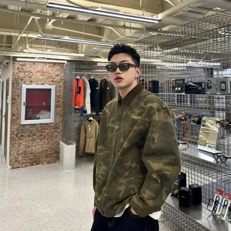 

Men's Loose Fit Camouflage Jaet Oversized 300 Pou American Retro Sle Splicing Zipper Cardigan Outerwear for Autumn Winter