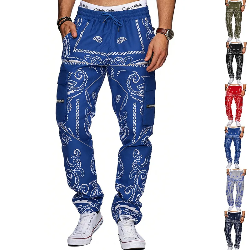 Men Paisley Print Casual Harem Pants Loose High‑Street Multi‑Pocket Cargo Jogger Elastic Waist Hip‑Hop Streetwear Trousers