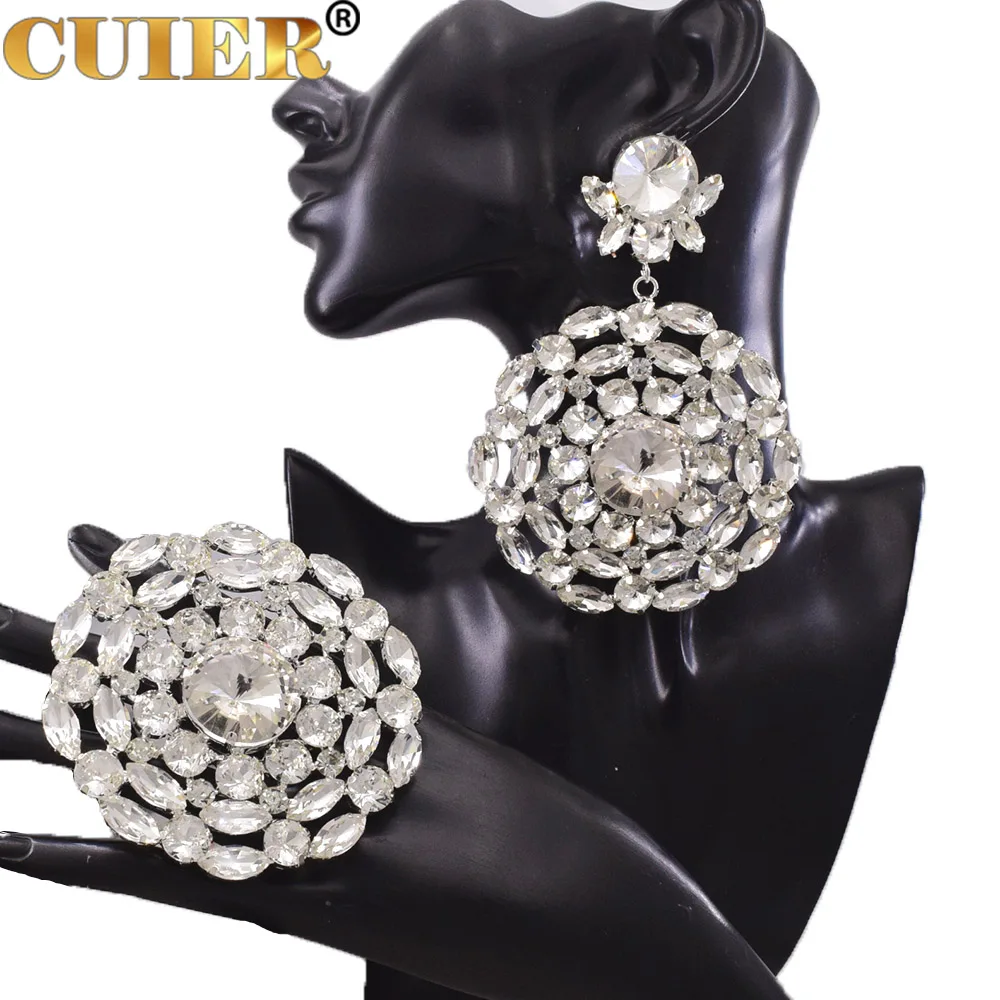 CUIER 12cm Full Glass Crystal Clip on Huge Earring Rings Set for Women Adjust Ring Circle Jewelry for Bridal Drag Queen