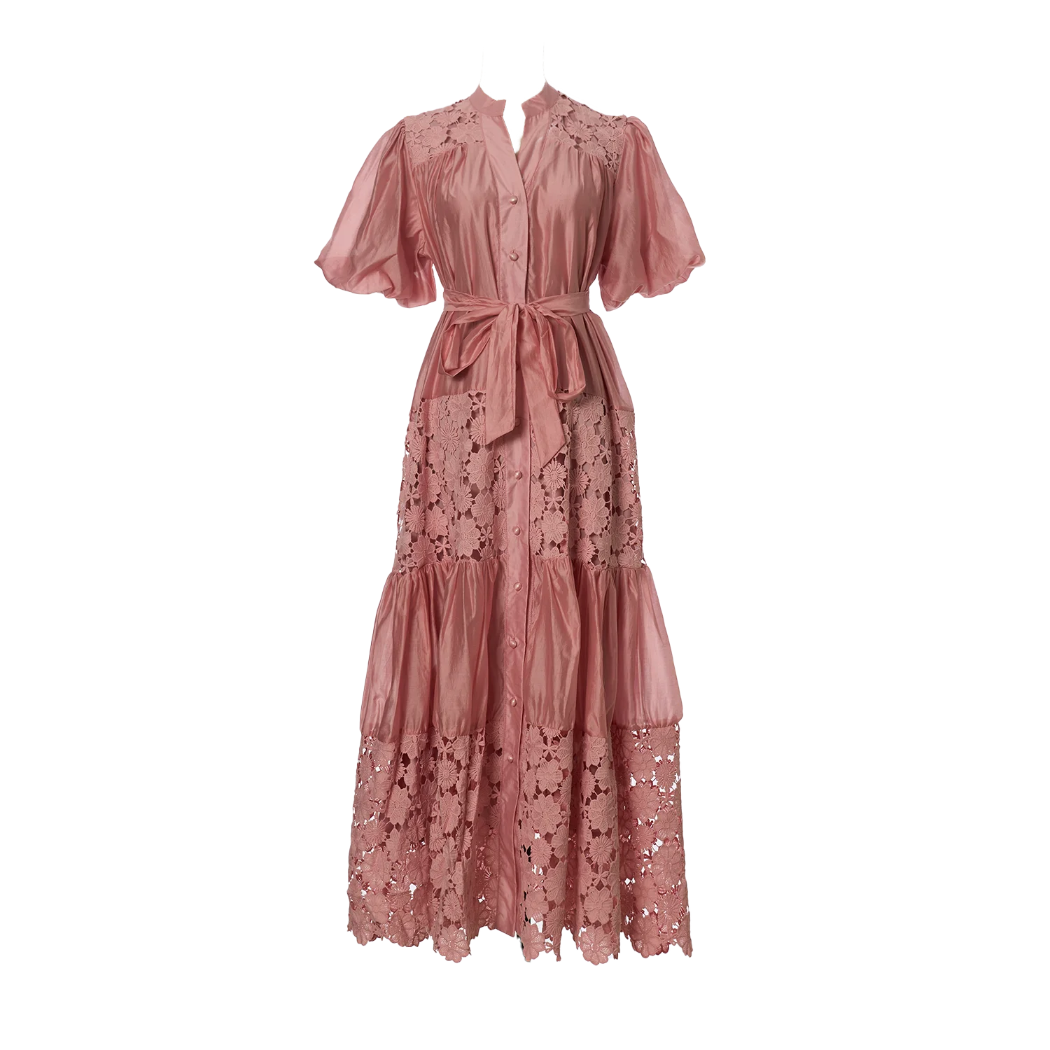 

Summer Dresses for Women Sashes Waist Short Sleeve Vintage Robe Femme Patchwork Lace Hollow Out Maxi Dress Vestidos De Mujer