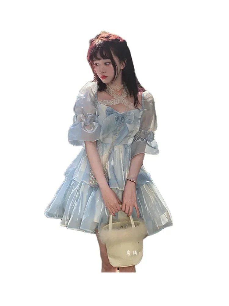 Mori สาวแฟชั่น Kawaii หญิงแผนก Cloud Dream Sweet Blue Lolita ฤดูร้อนน่ารัก Princess Fairy Fluffy ชุดน่ารัก Op OI527